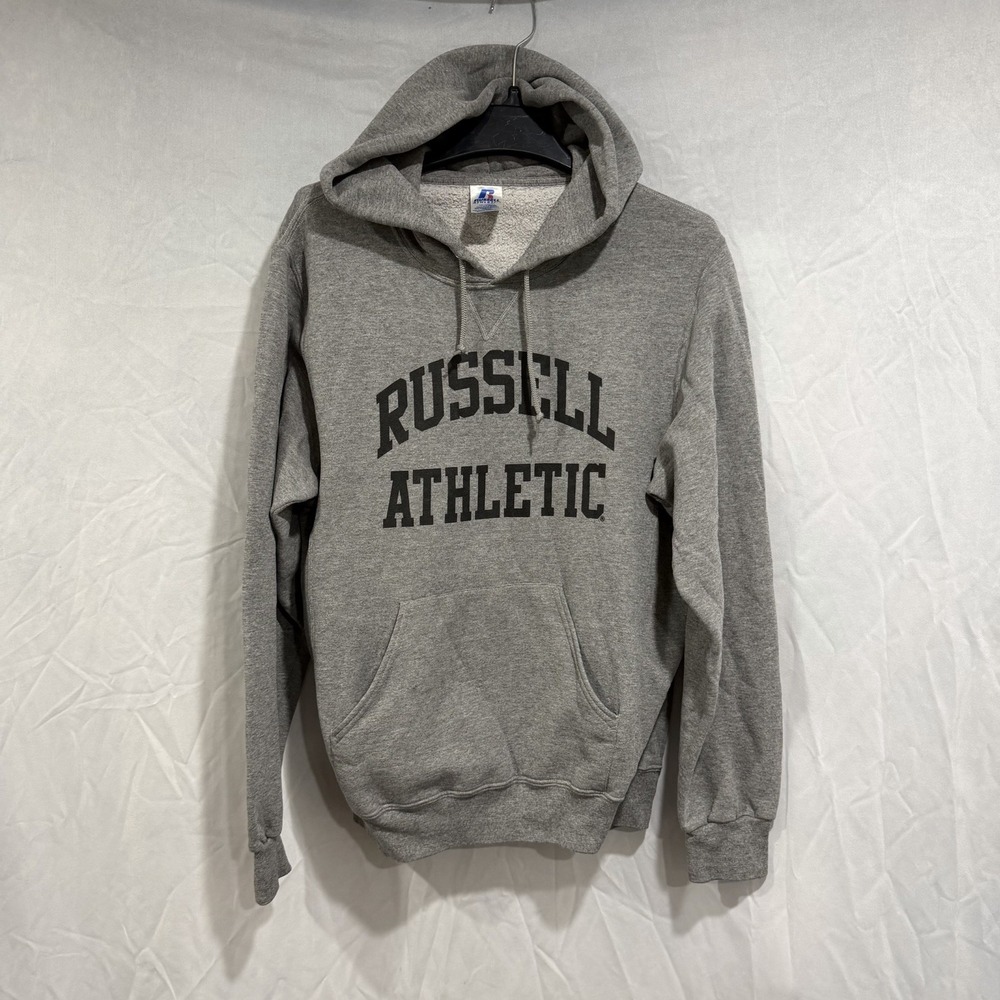Russell Athletic Drawstring‎ Hoodie Spell Out Logo Pullover Gray M Sweatshirt